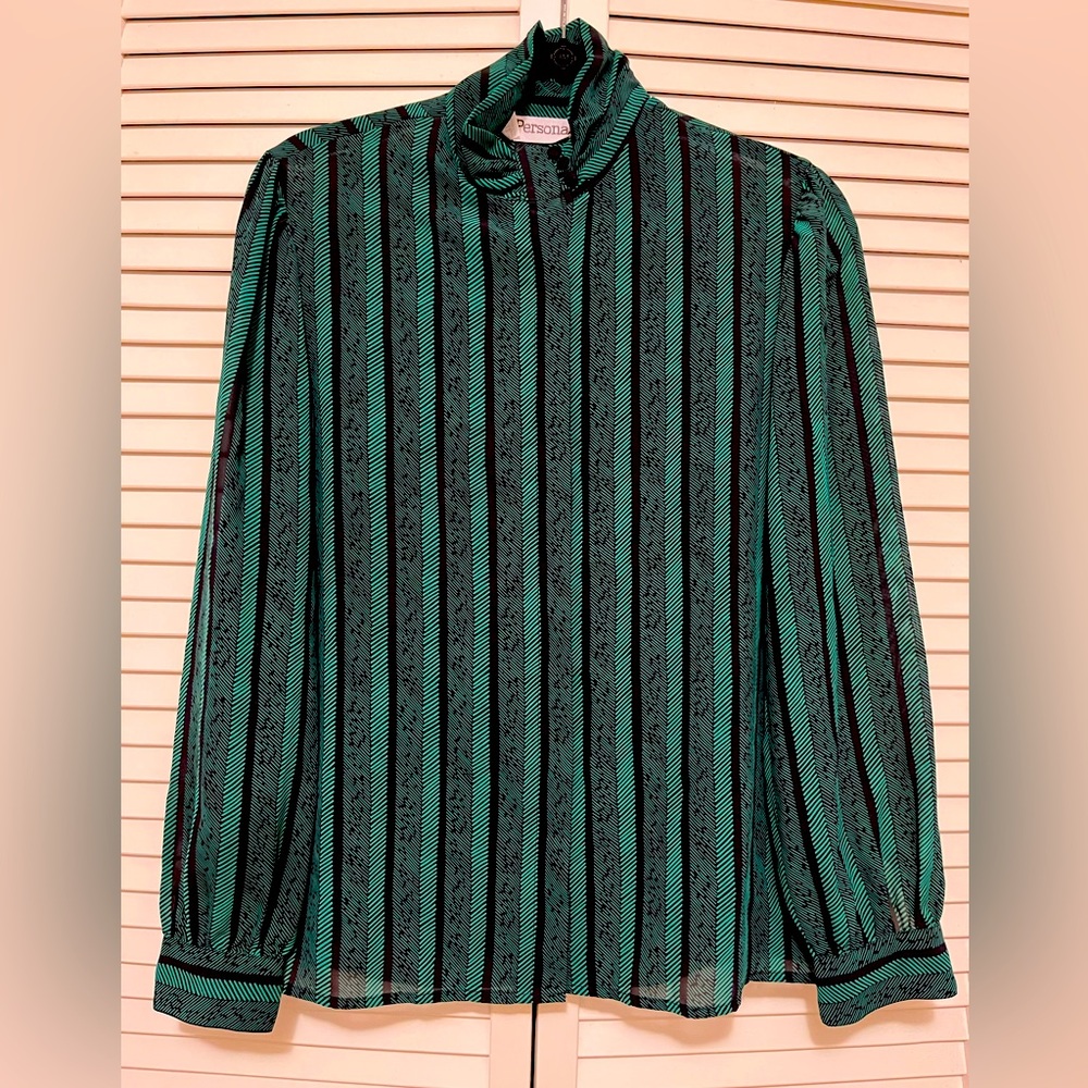 Vintage Green and Black Print High Neck Long Sleeve Blouse Size 10